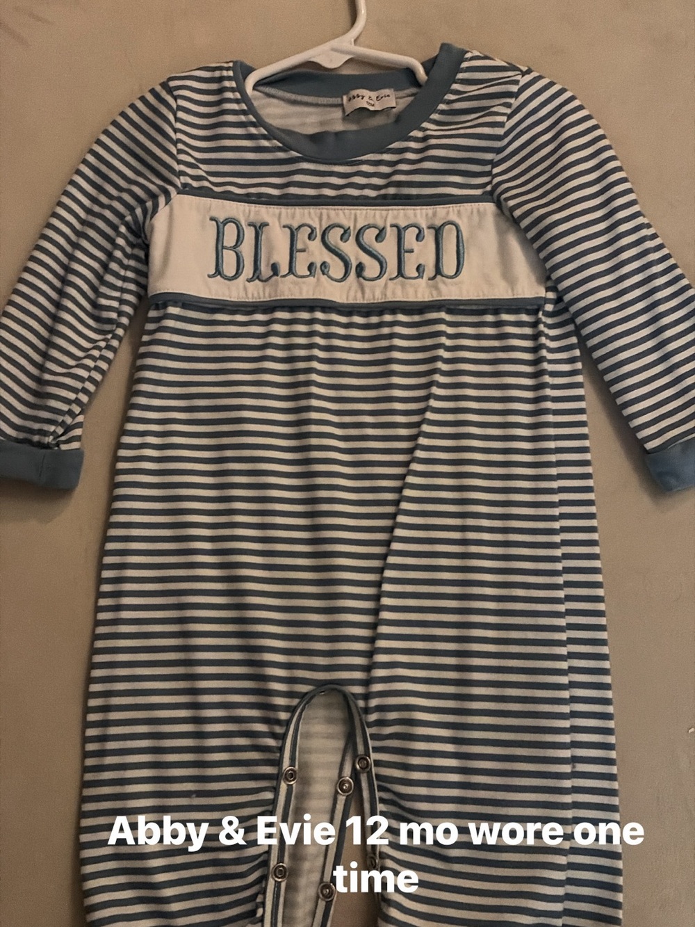 Blue & White Striped 'BLESSED' Baby Romper